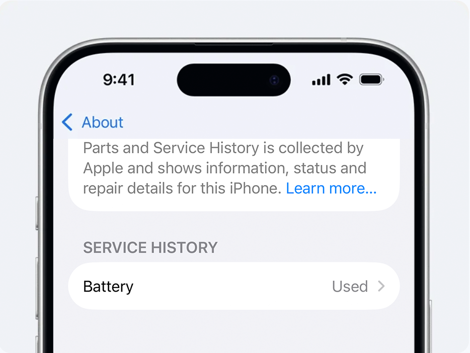 Parts and Service History showing the battery as Used