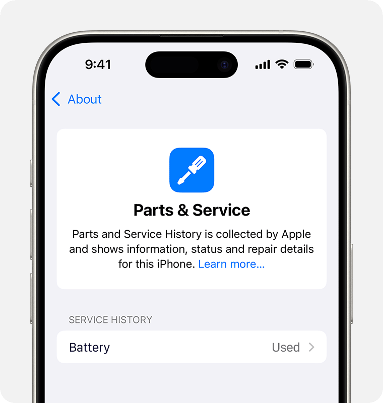 iPhone Parts and Service History showing the battery status as Used
